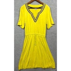 Boden Womens Dress US 2 Yellow Linen Blend Drawstring Waist Embroidered Neckline